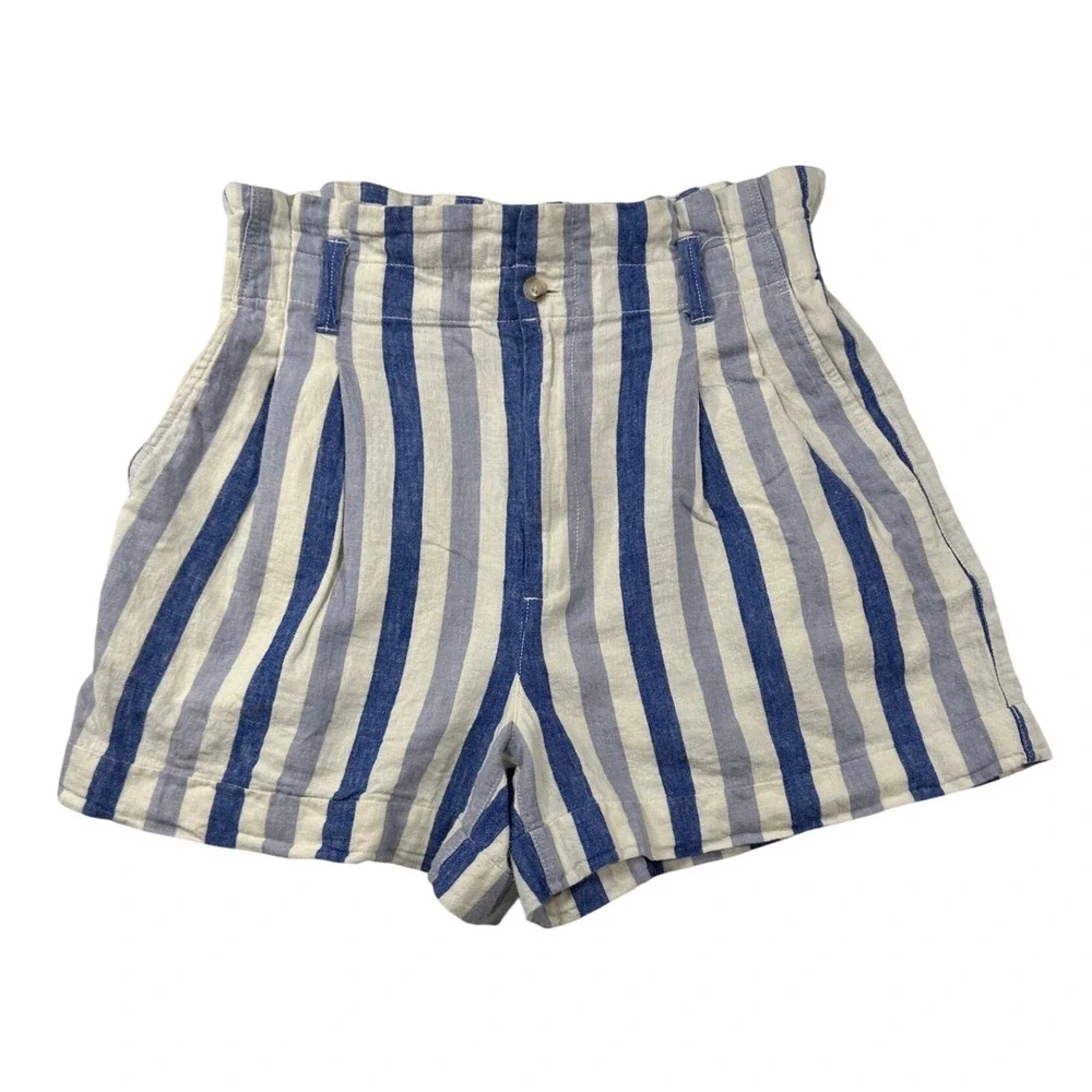 Madewell Blue White Striped Linen Cotton Paperbag Shorts Womens 8 - Picture 2 of 8